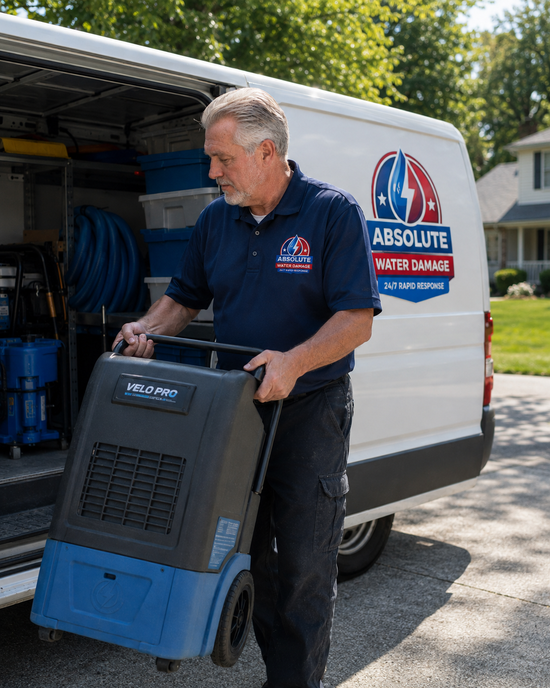 Ray rolling a VELO PRO dehumidifier out of the Absolute Water Damage van