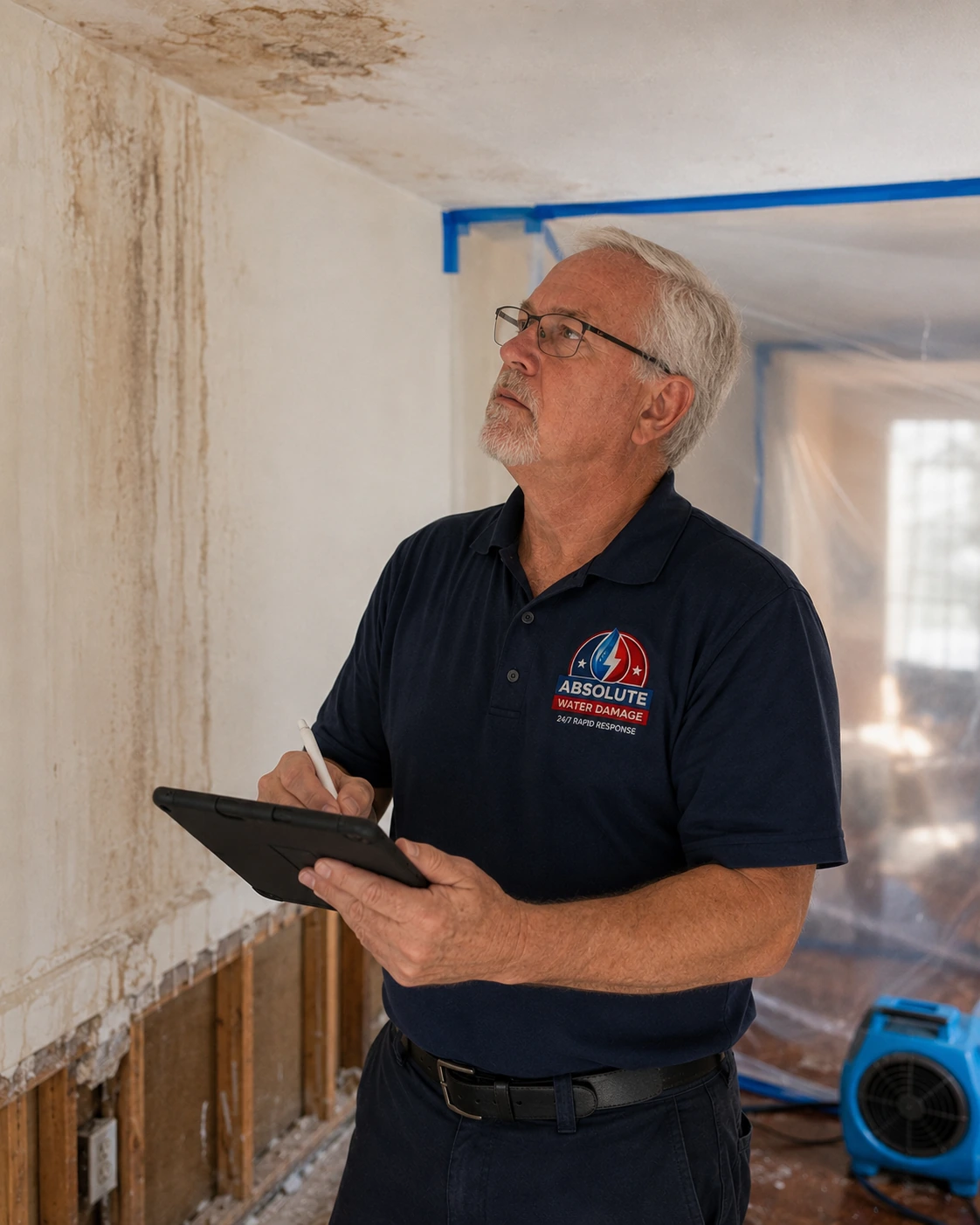Ray documenting a stained ceiling on a tablet next to containment sheeting
