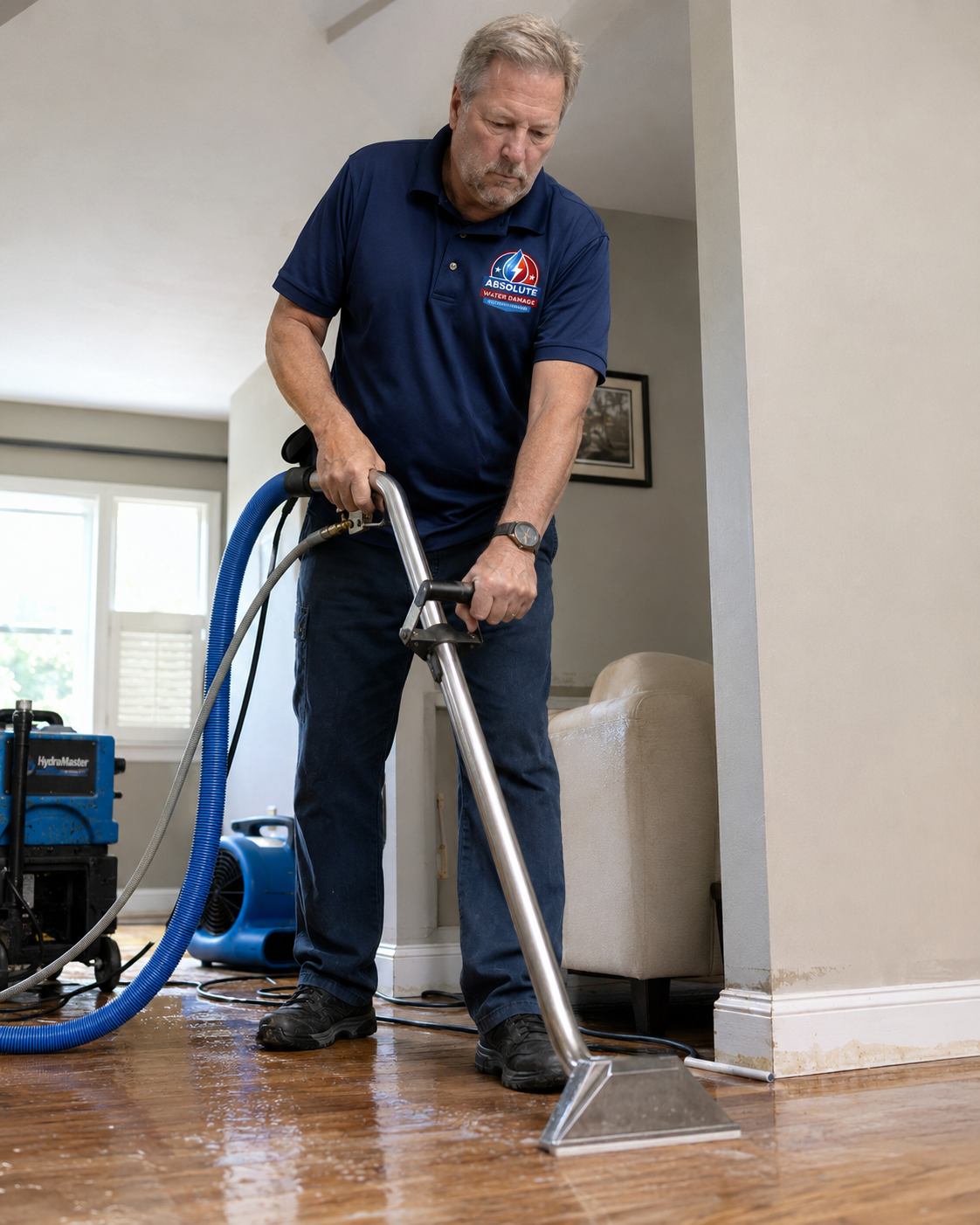 Ray extracting standing water from hardwood floors in a Puget Sound living room