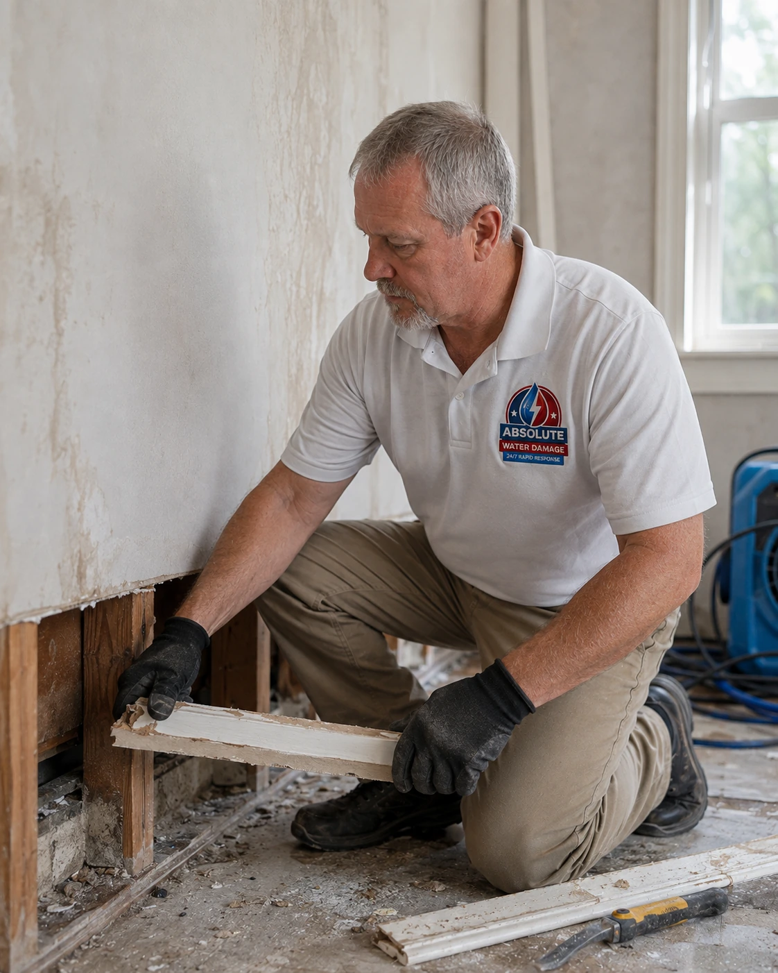 Ray pulling wet baseboard trim away from a water damaged wall