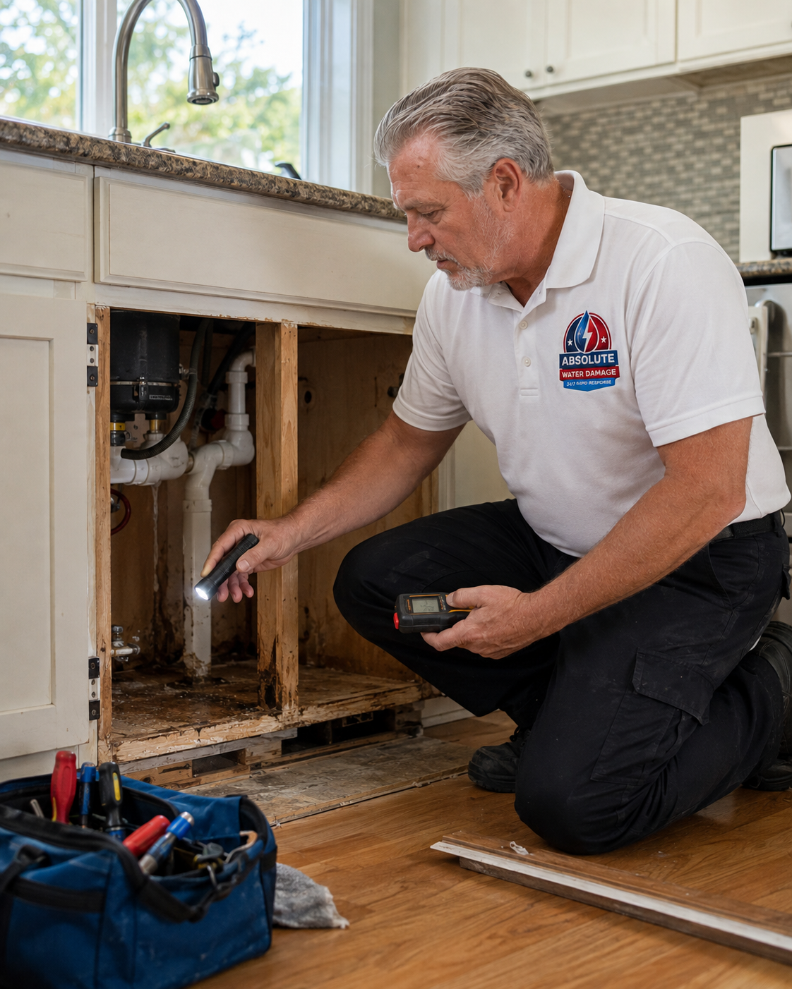 Ray inspecting a rotted sink cabinet base with a flashlight and moisture meter