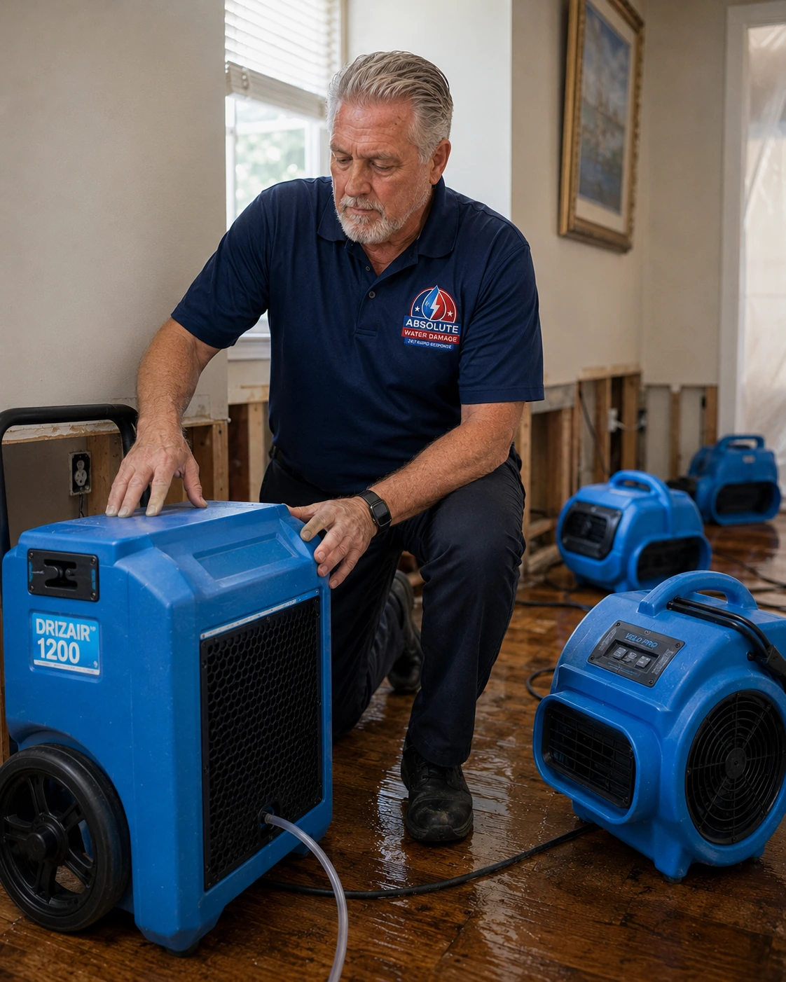 Ray setting a DriZair 1200 dehumidifier on a wet hardwood floor with air movers running
