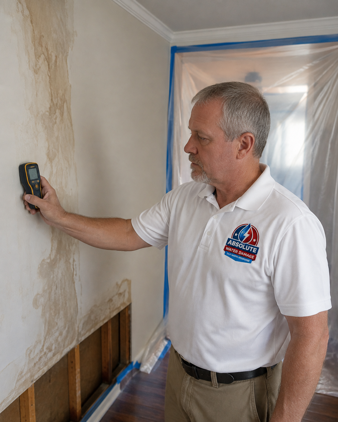 Technician scanning a mold stained wall and ceiling with a meter