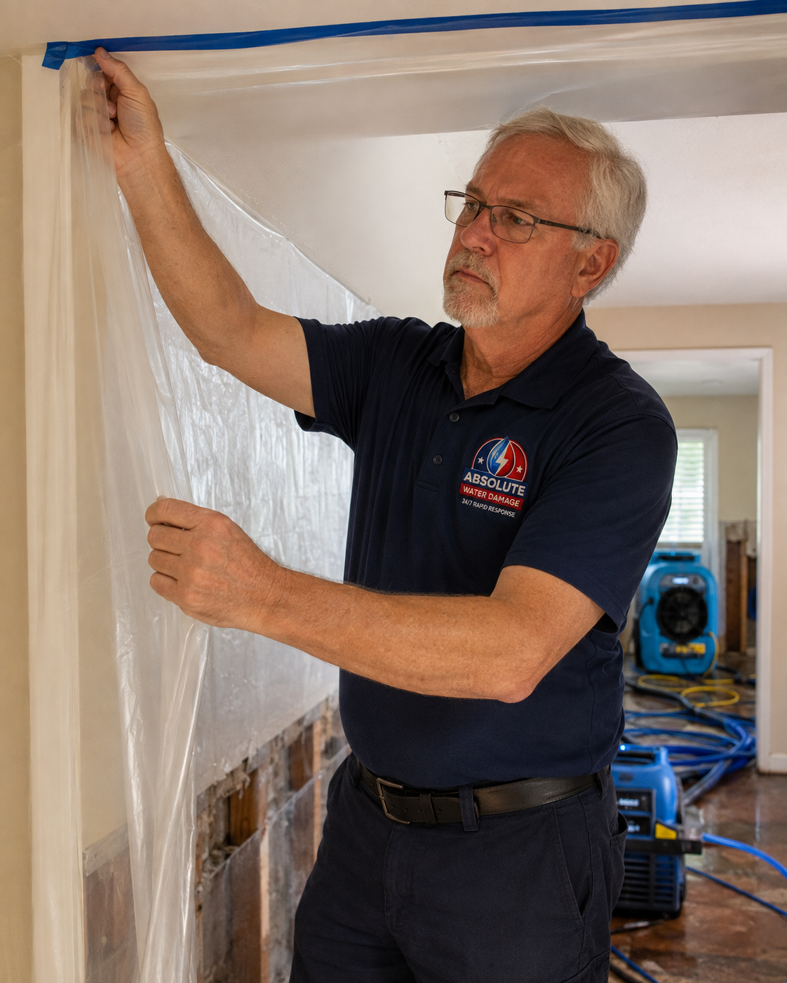 Technician inspecting exposed wall framing with a flashlight and moisture meter