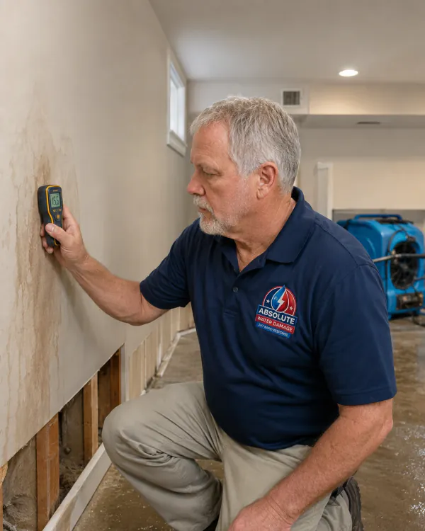 Ray taking a moisture reading in a hallway