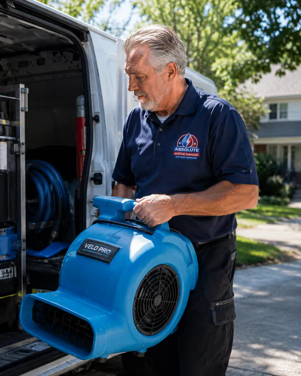 Ray unloading an air mover from the van