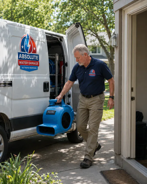 Ray carrying an air mover from the van into a garage
